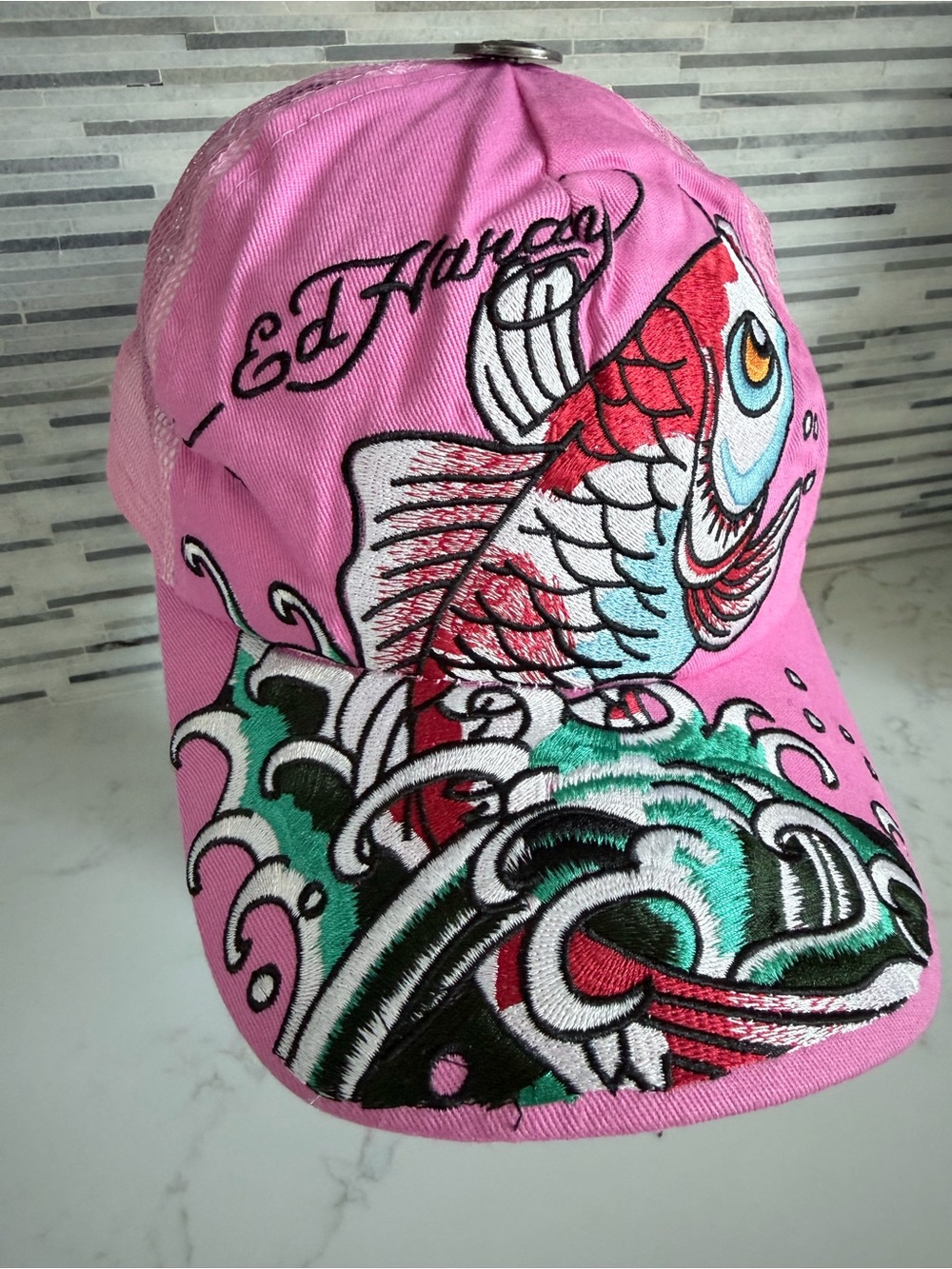 Vintage Ed Hardy Pink Koi Fish Embroidered Cap with Teal Wave Accents - Picture 3 of 7
